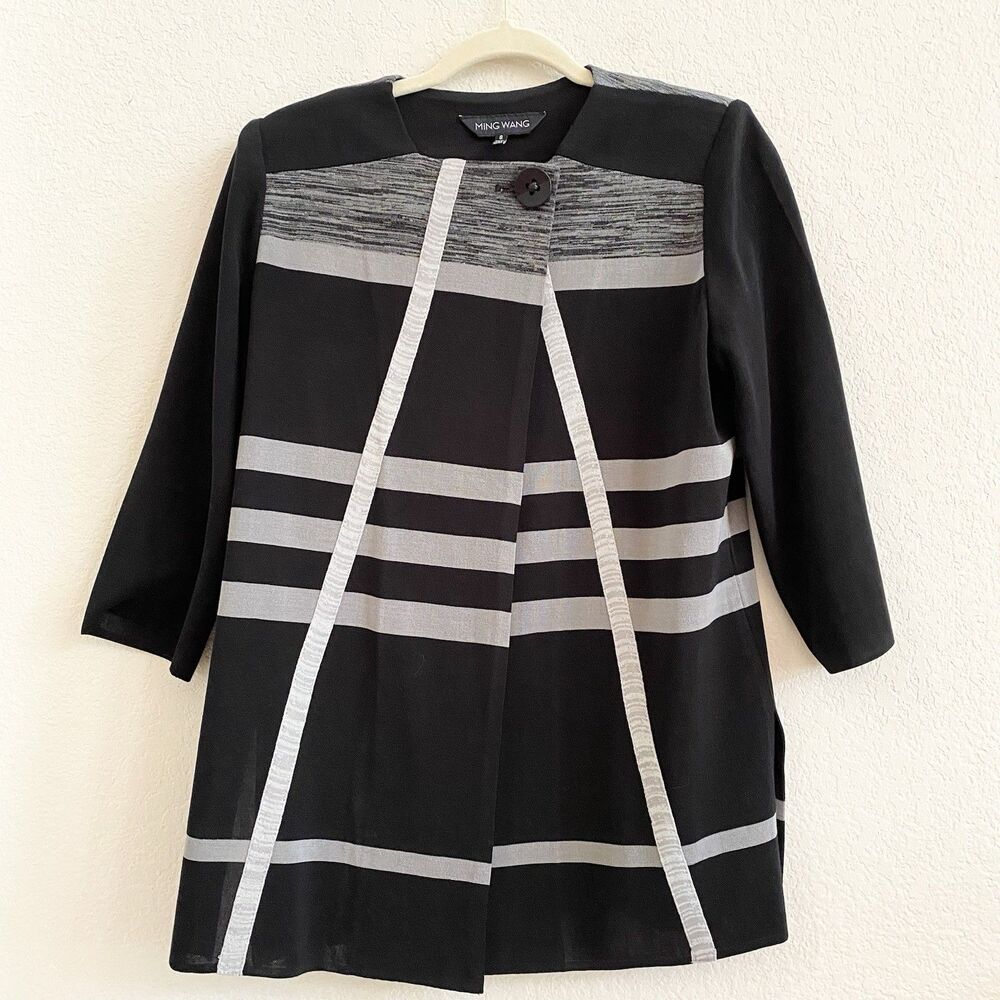 Ming Wang Black Gray Geometric Knit Cardigan Jacket Size S Open Front Top Button